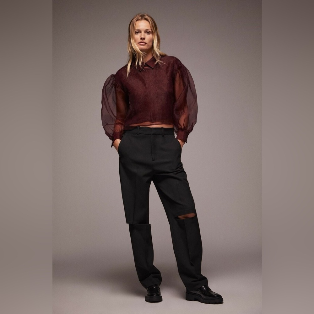NWT ZARA Wine Limited Edition Organza Puff Sleeve Sweater Blouse 40% Wool Sz S